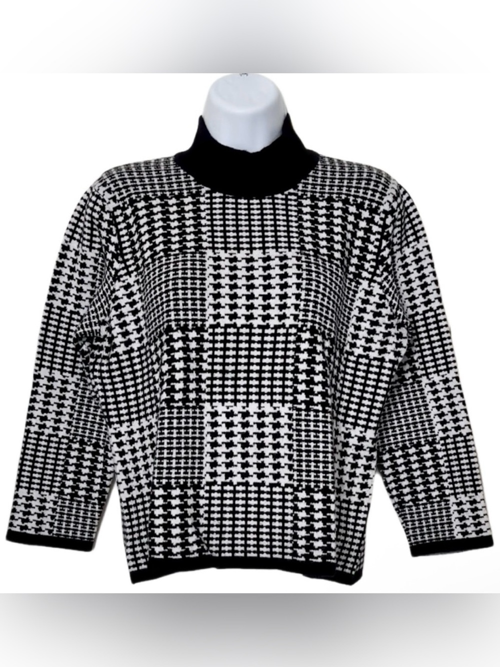 Joseph A Black & White Women’s Houndstooth Turtleneck Sweater 3/4 Sleeves XL